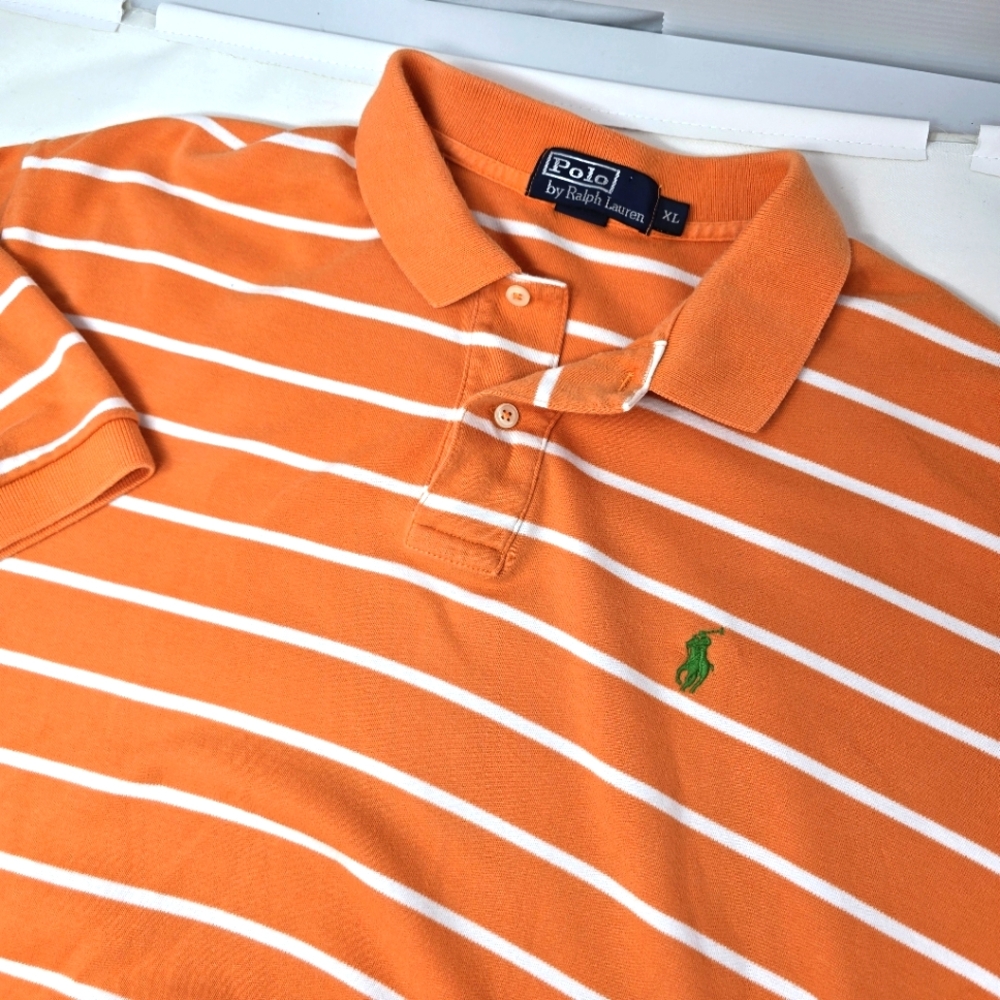 Vintage Polo Ralph Lauren Shirt Men’s XL Striped Orange White Short Sleeve Soft.